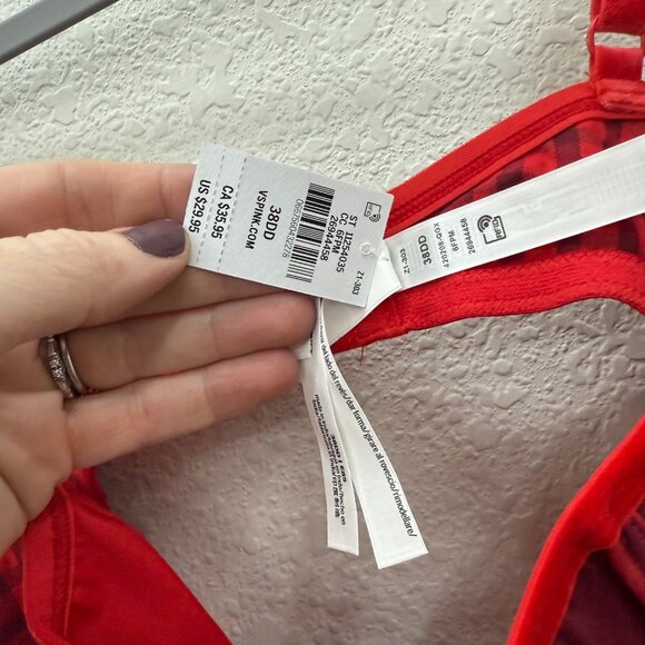 Pink Victorias Secret Red Plaid Balconette Adjustable Bra Womens size 38DD NEW - Picture 3 of 7